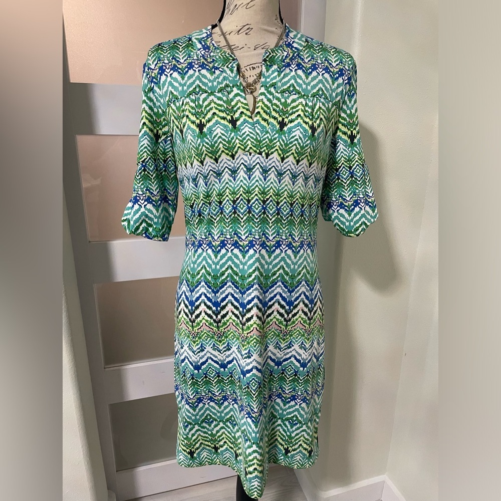 💎 Ellie Kai green and blue geometric dress size 2 EUC
